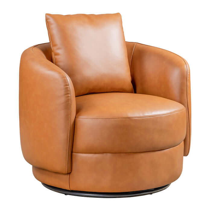 Dylan Cognac Faux Leather Swivel Chair with rounded design and cozy pillow, perfect for modern home decor.