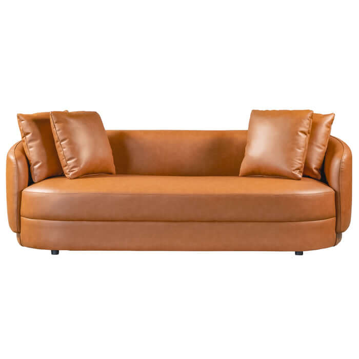 Dylan Modern Cognac Faux Leather Sofa with plush cushions, featuring elegant curves and a stylish design perfect for any living room.