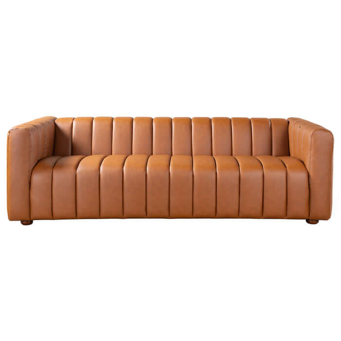 Elrosa Channel Tufted Cognac Faux Leather Sofa 88"