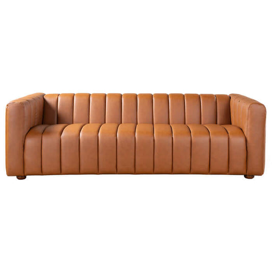 Elrosa Channel Tufted Cognac Faux Leather Sofa 88"