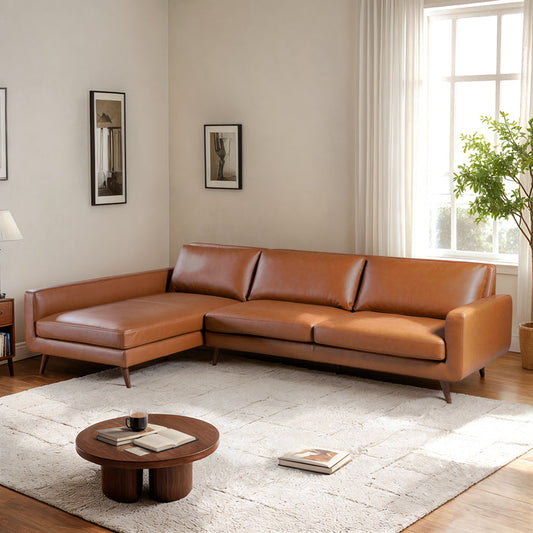 Garland MCM Faux Leather L Shaped Chaise Sofa in a modern living room setting.