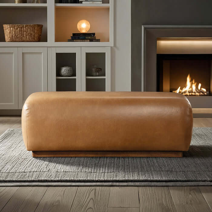 Kelvin Vegan Tan Leather Bench 47” featuring minimalist design and modern elegance in a cozy living space.