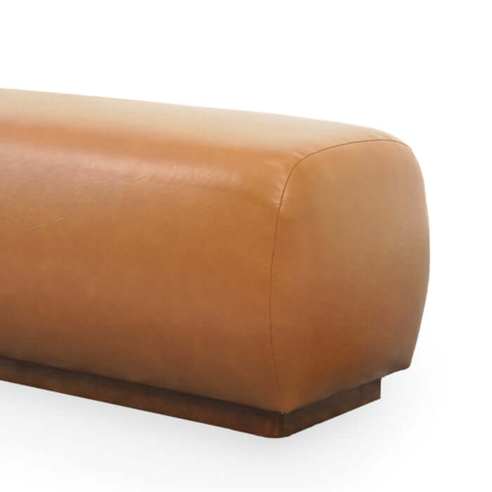 Kelvin Vegan Tan Leather Bench close-up, showcasing its minimalist design and premium finish. Ideal for modern interiors.