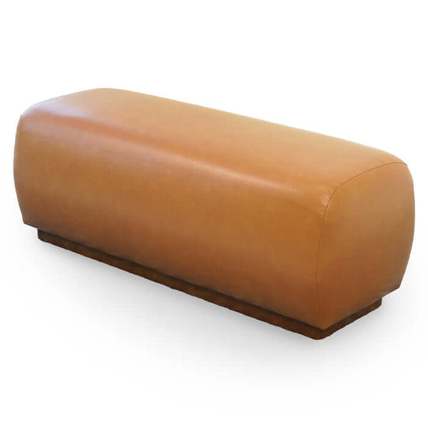 Kelvin Vegan Tan Leather Bench 47” with a sleek, minimalist design, perfect for modern interiors as a seat or decorative accent.