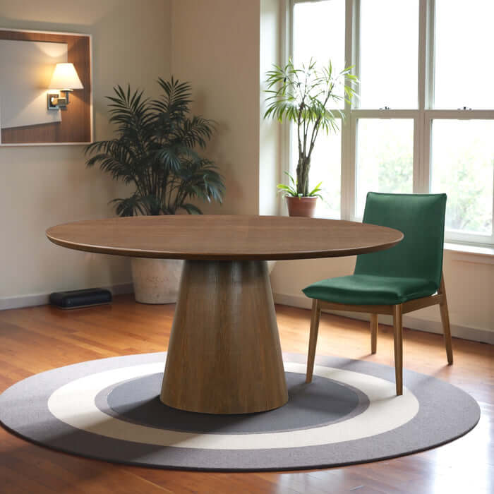 Palamedes Solid Wood Round Table in Walnut with cone-shaped base in a stylish dining room setting.