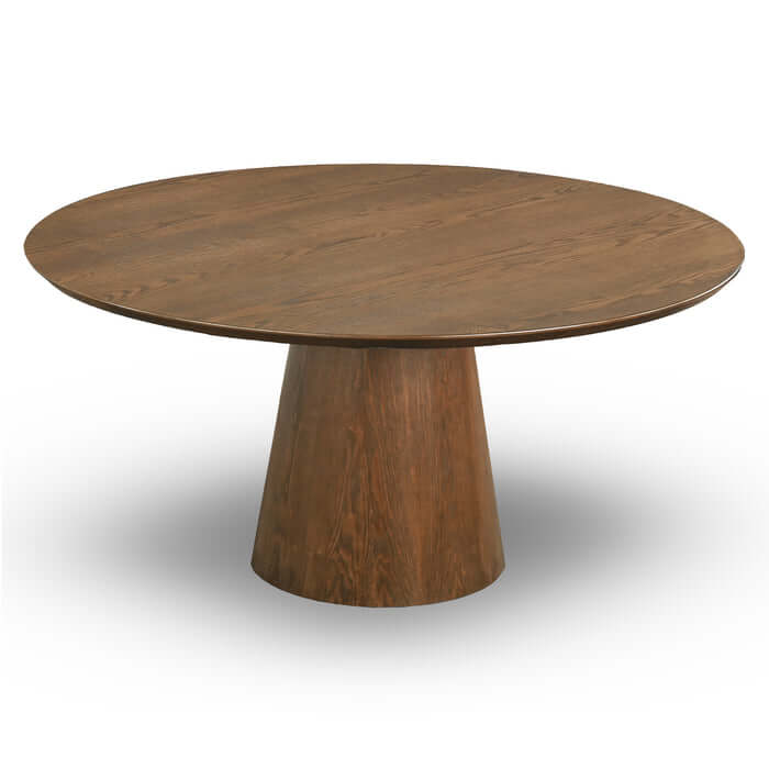 Palamedes solid wood round table in walnut with cone-shaped base, perfect for modern dining spaces.