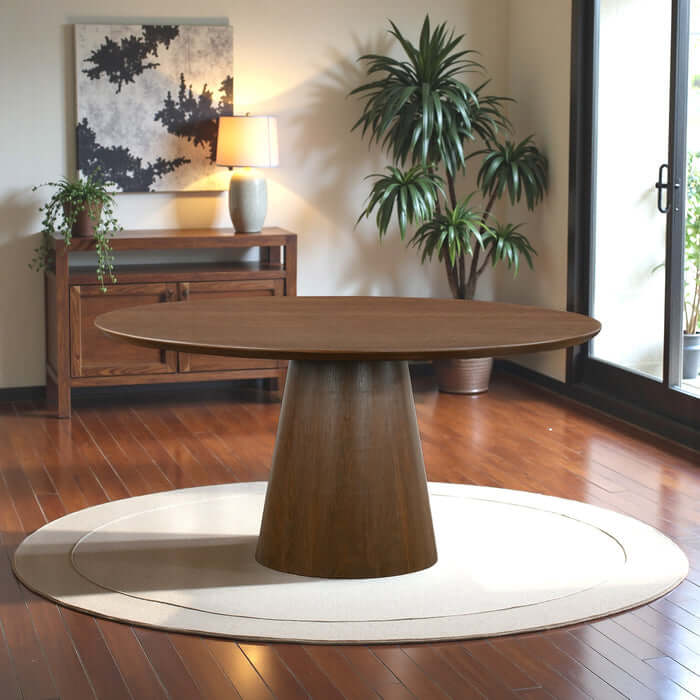 Palamedes Solid Wood Round Table in Walnut with cone-shaped base in modern dining space.