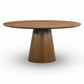 Palamedes Solid Wood Round Table in Walnut with a cone-shaped base, ideal for dining spaces, available in two sizes.