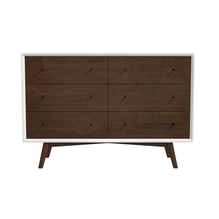 Cómoda Mid-Century moderna de madera maciza con 6 cajones 'Caroline' en nogal 