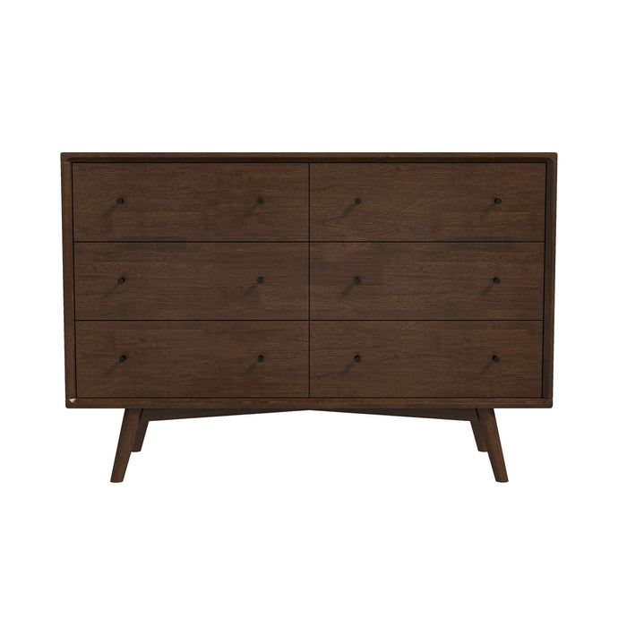 Cómoda Mid-Century moderna de madera maciza con 6 cajones 'Caroline' en nogal 