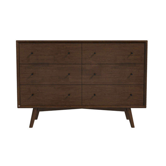 Cómoda Mid-Century moderna de madera maciza con 6 cajones 'Caroline' en nogal 