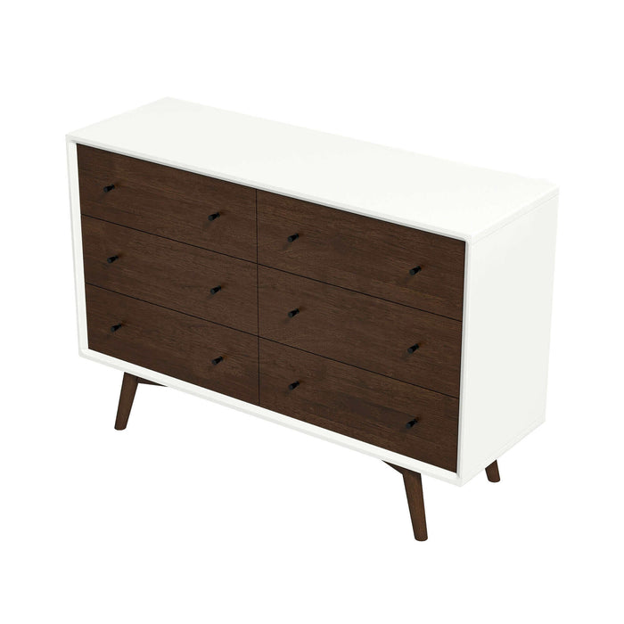 Cómoda Mid-Century moderna de madera maciza con 6 cajones 'Caroline' en nogal 