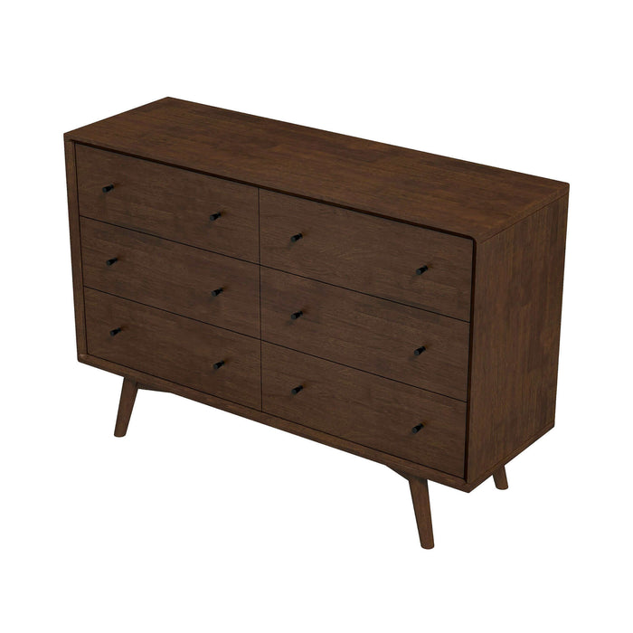 Cómoda Mid-Century moderna de madera maciza con 6 cajones 'Caroline' en nogal 