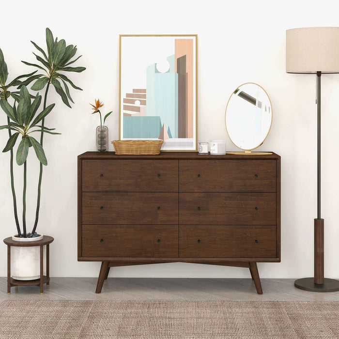 Cómoda Mid-Century moderna de madera maciza con 6 cajones 'Caroline' en nogal 