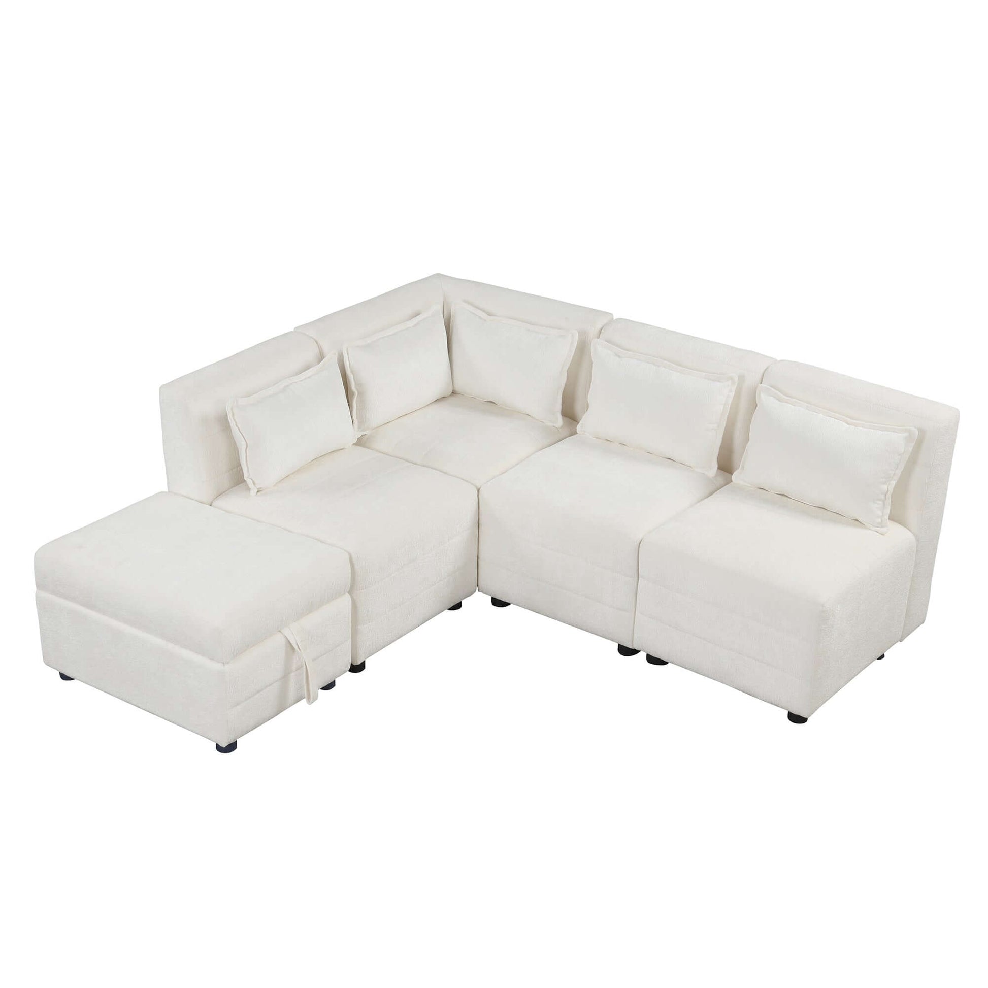 Modular 5pc Sectional Sofa with Storage Ottoman & 5 Throw Pillows - Revel Sofa 