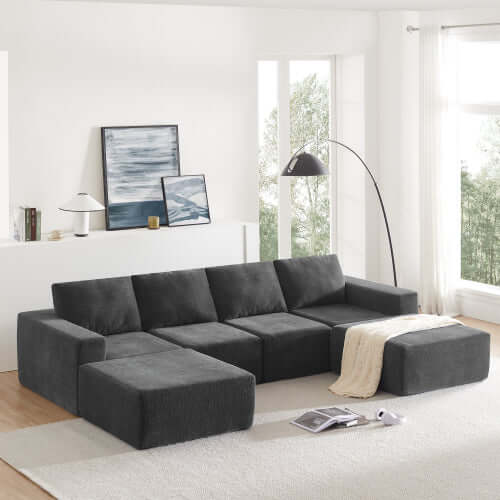 Modular U Shape Dual Chaise Chenille Fabric Sectional Sofa in dark color in modern living room setup.