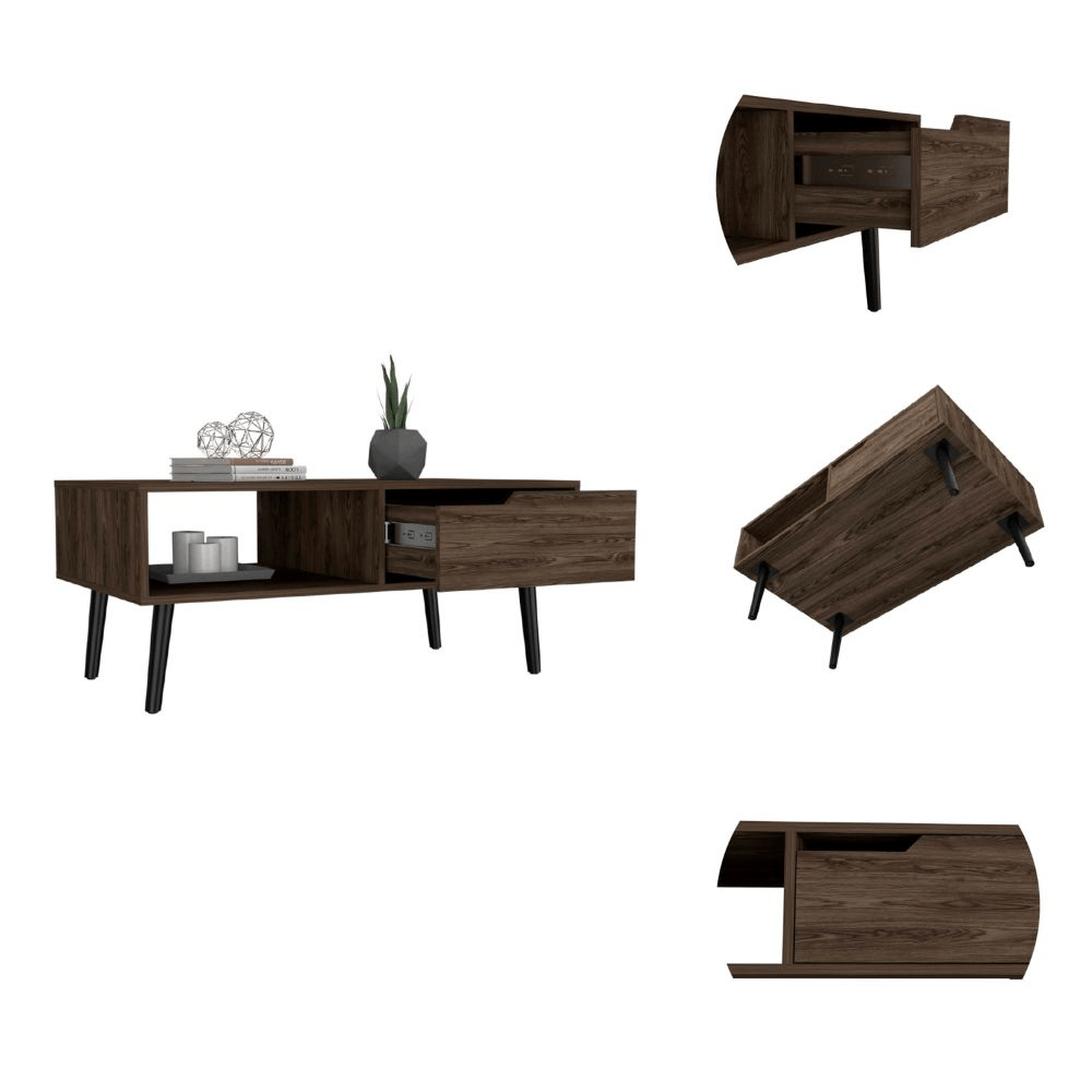 Oslo MCM Wood Coffee Table, 1 Drawer, 1 Shelf in Dark Walnut - Revel Sofa 