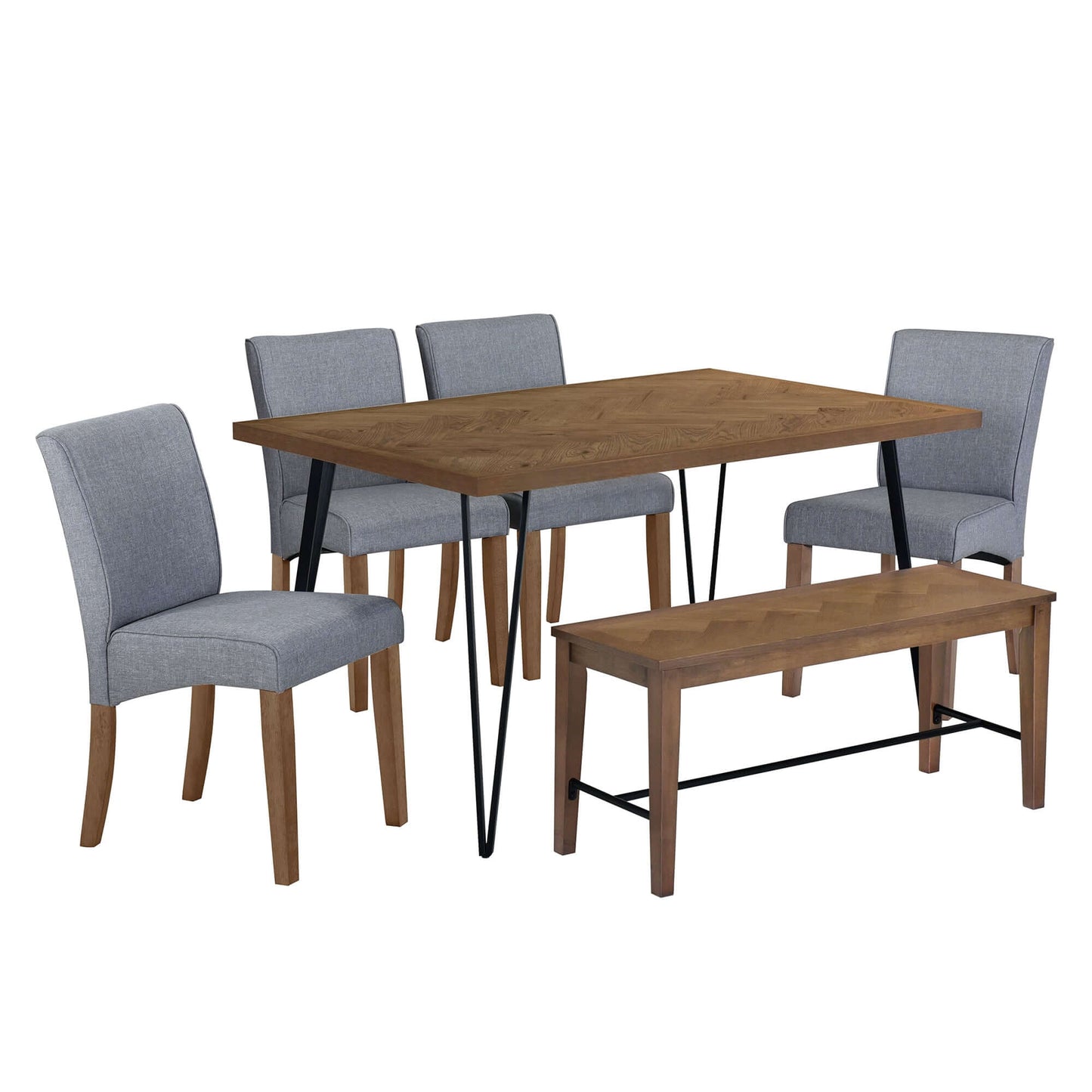 Modern Wood Dining Table Set 6 Pc: Table + 4 Upholstered Chairs + 1 Bench - Revel Sofa 