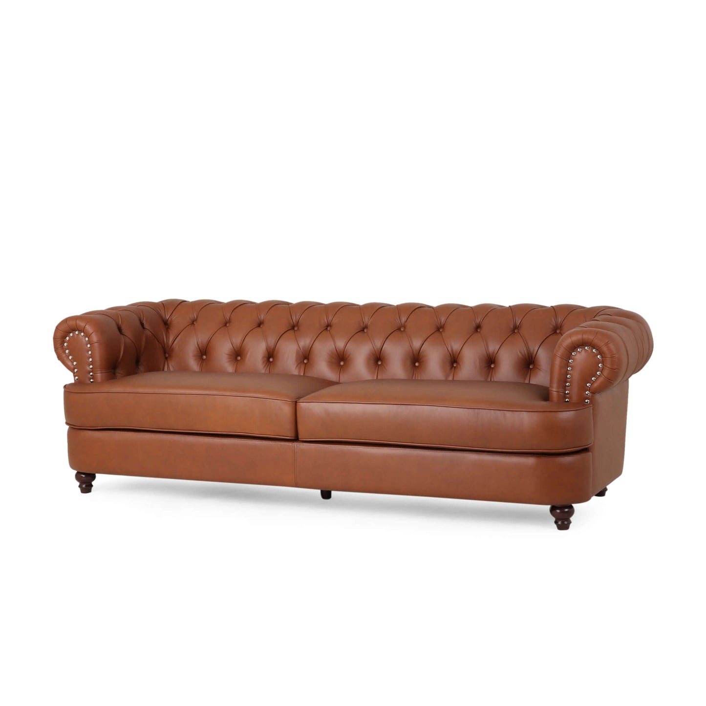 Chesterfield Tufted Rolled Armed Cognac Faux Leather Vinyl 2 Seat Sofa (95")