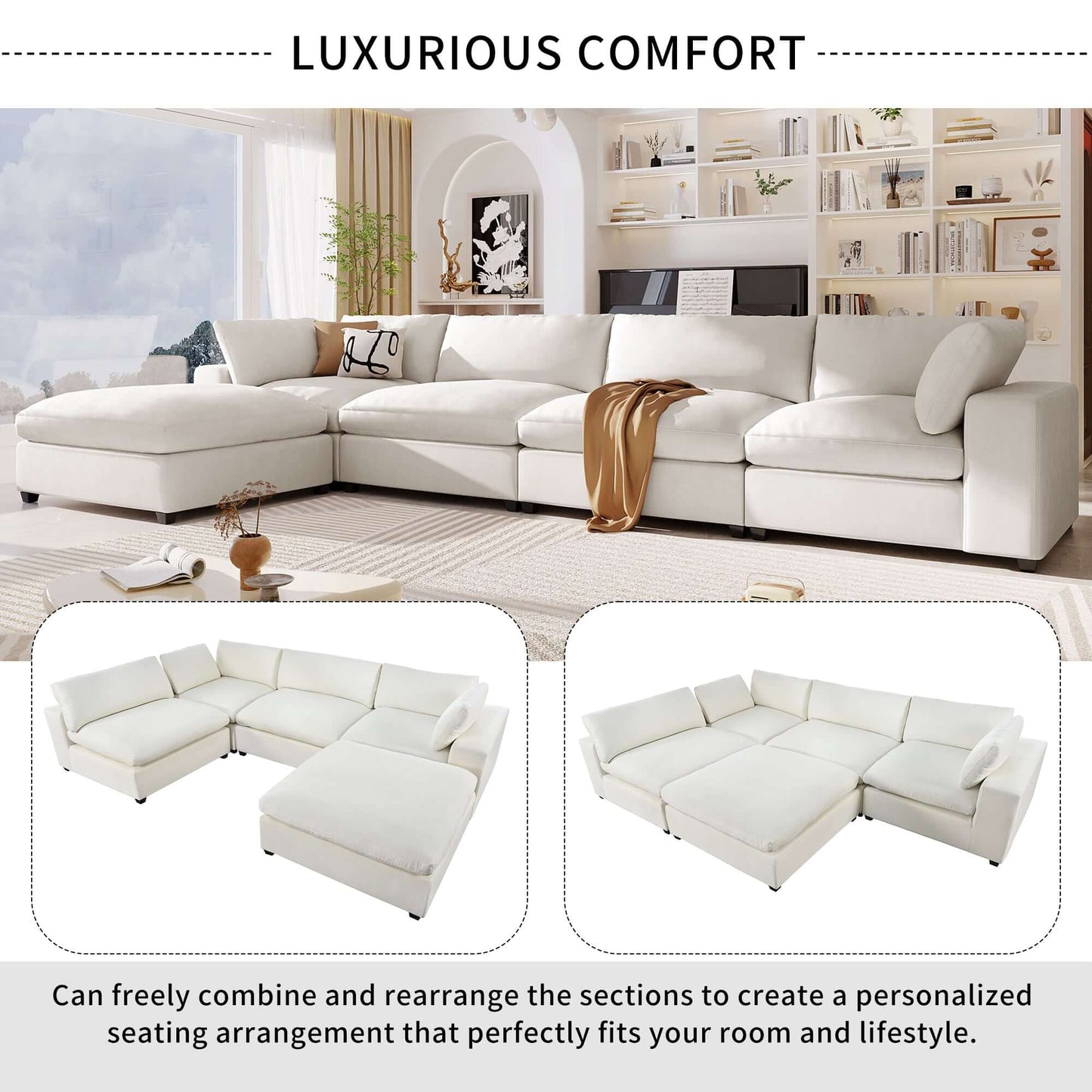 Large Modular 5 Seat Sectional Cloud Sofa with Ottoman, Beige or Gray (176")