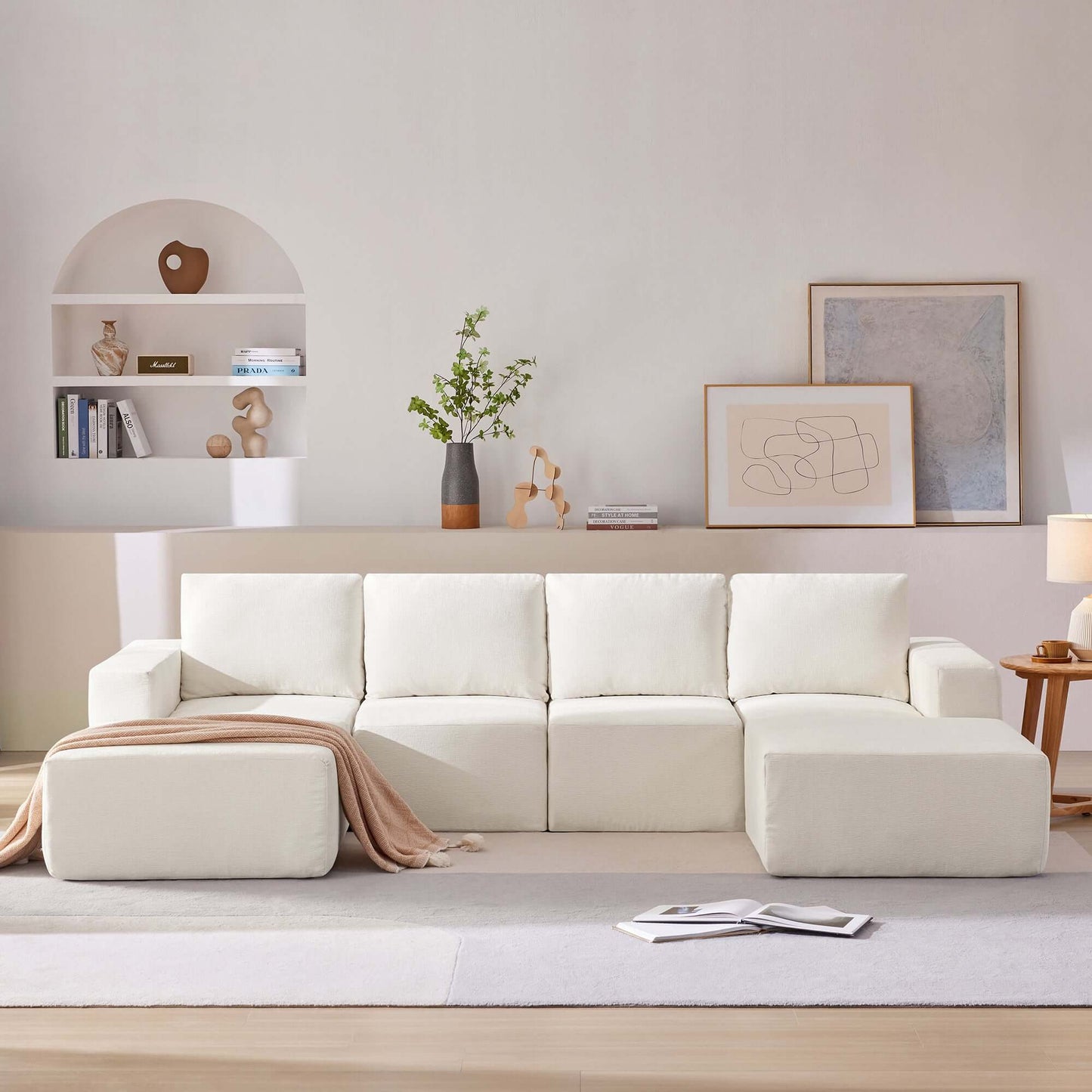 Modular U Shape Dual Chaise Chenille Fabric Sectional Sofa 110" in a stylish living room setting, showcasing versatile design and plush comfort.