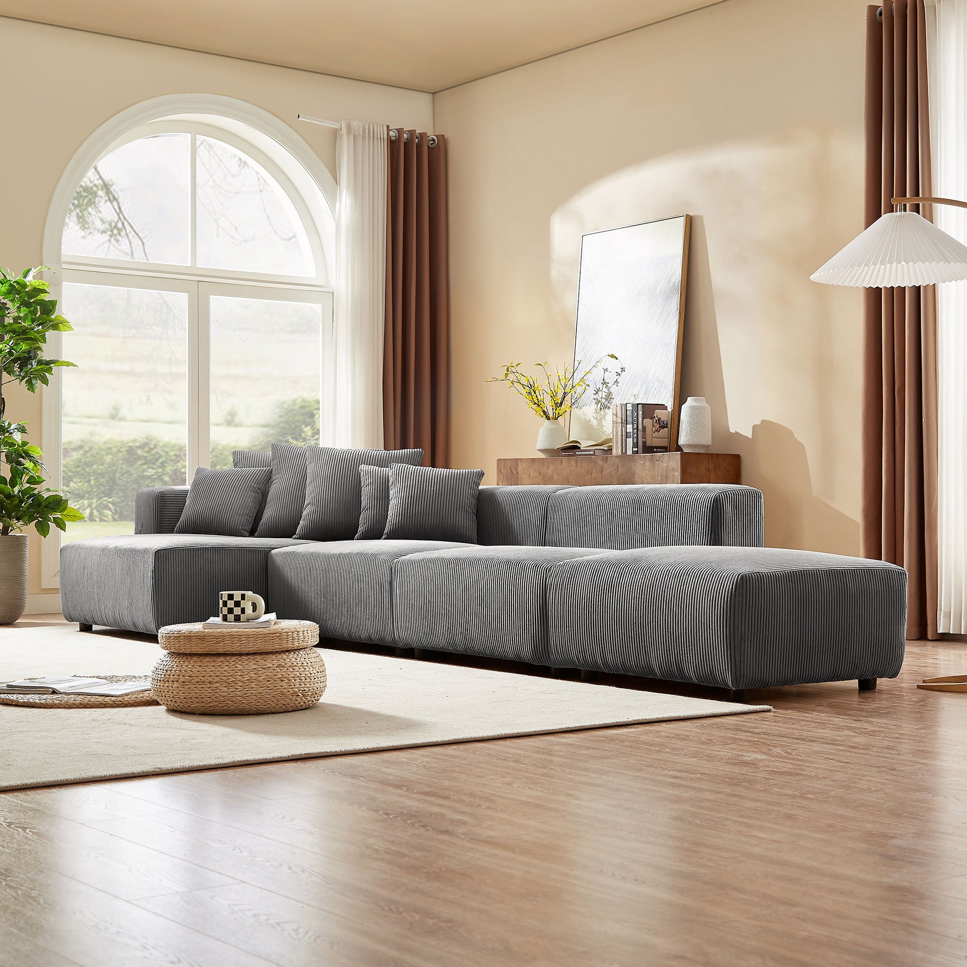 Soft Corduroy Sectional Modular Sofa 3 or 4 Piece Set, Gray or Beige - Revel Sofa 