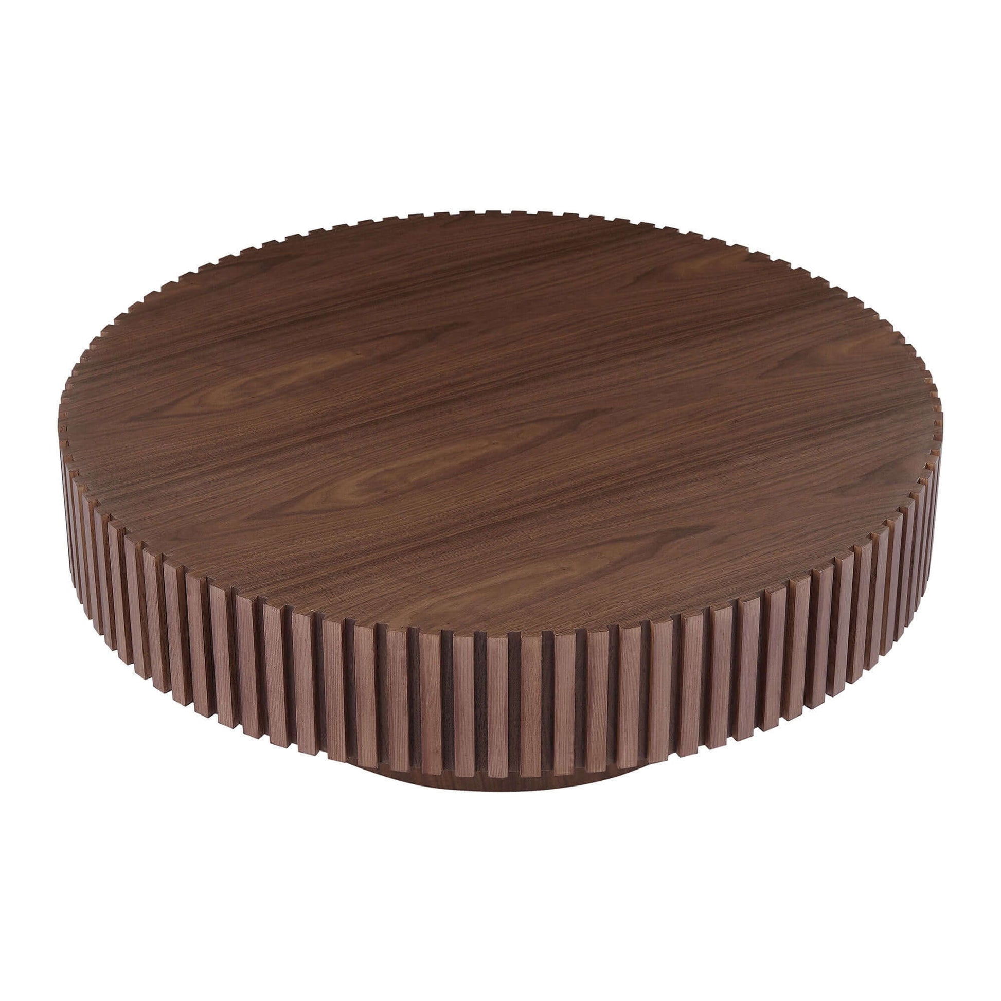 Round MDF wood coffee table with a 39" diameter and sturdy pedestal base, ideal for contemporary small living rooms and apartments.