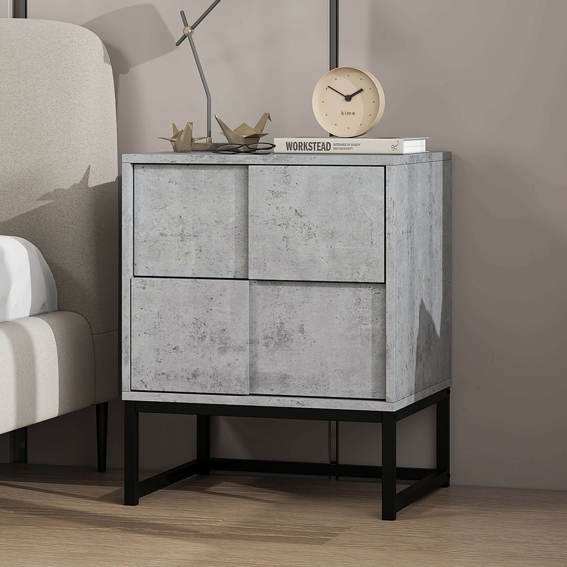 Industrial Geometric 2 Drawer Nightstand in Cement Gray - Revel Sofa 