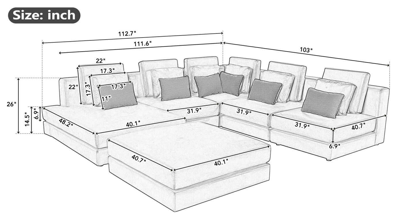 Modular Corner Sectional Sofa with Movable Ottoman in Brown or Black (113")