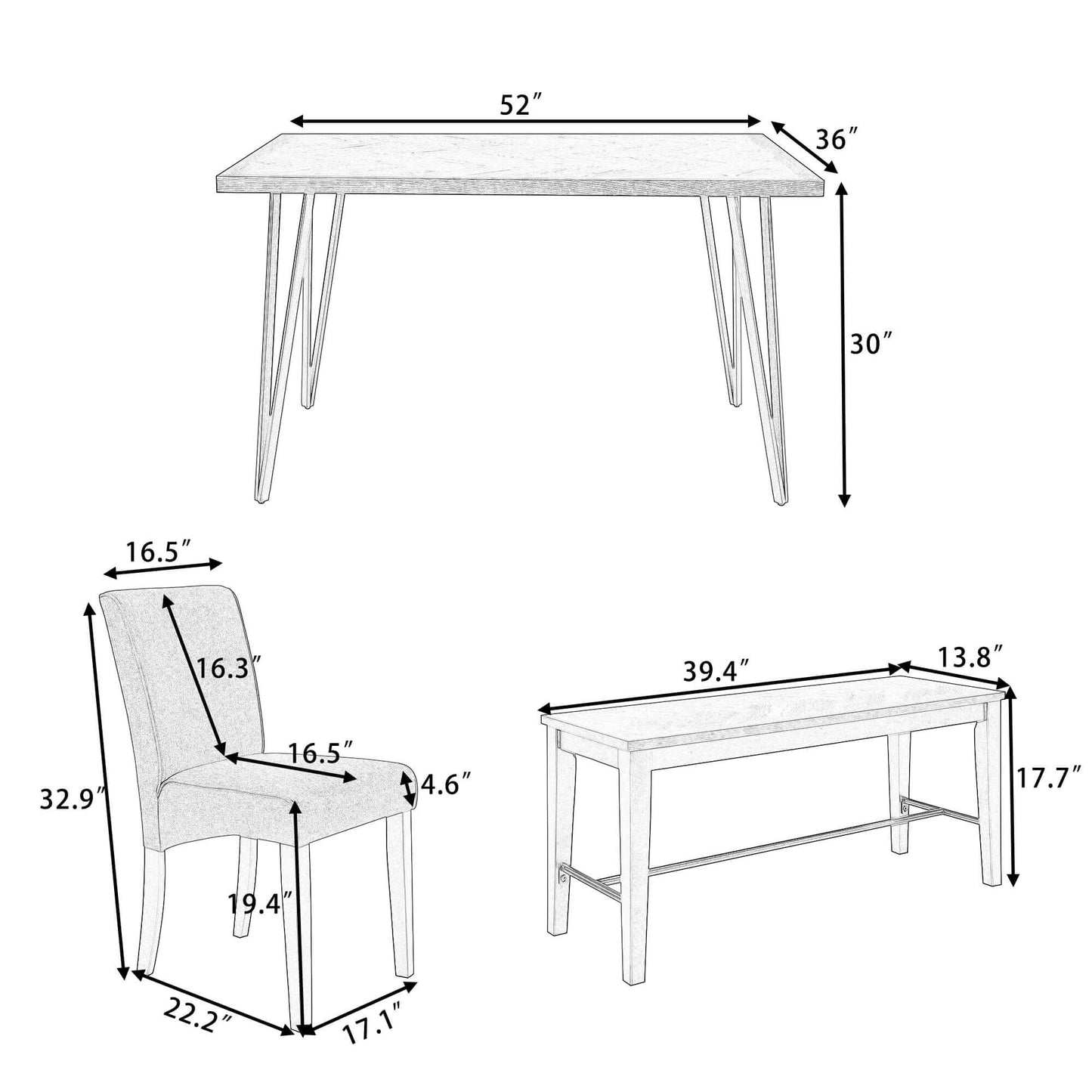 Modern Wood Dining Table Set 6 Pc: Table + 4 Upholstered Chairs + 1 Bench - Revel Sofa 