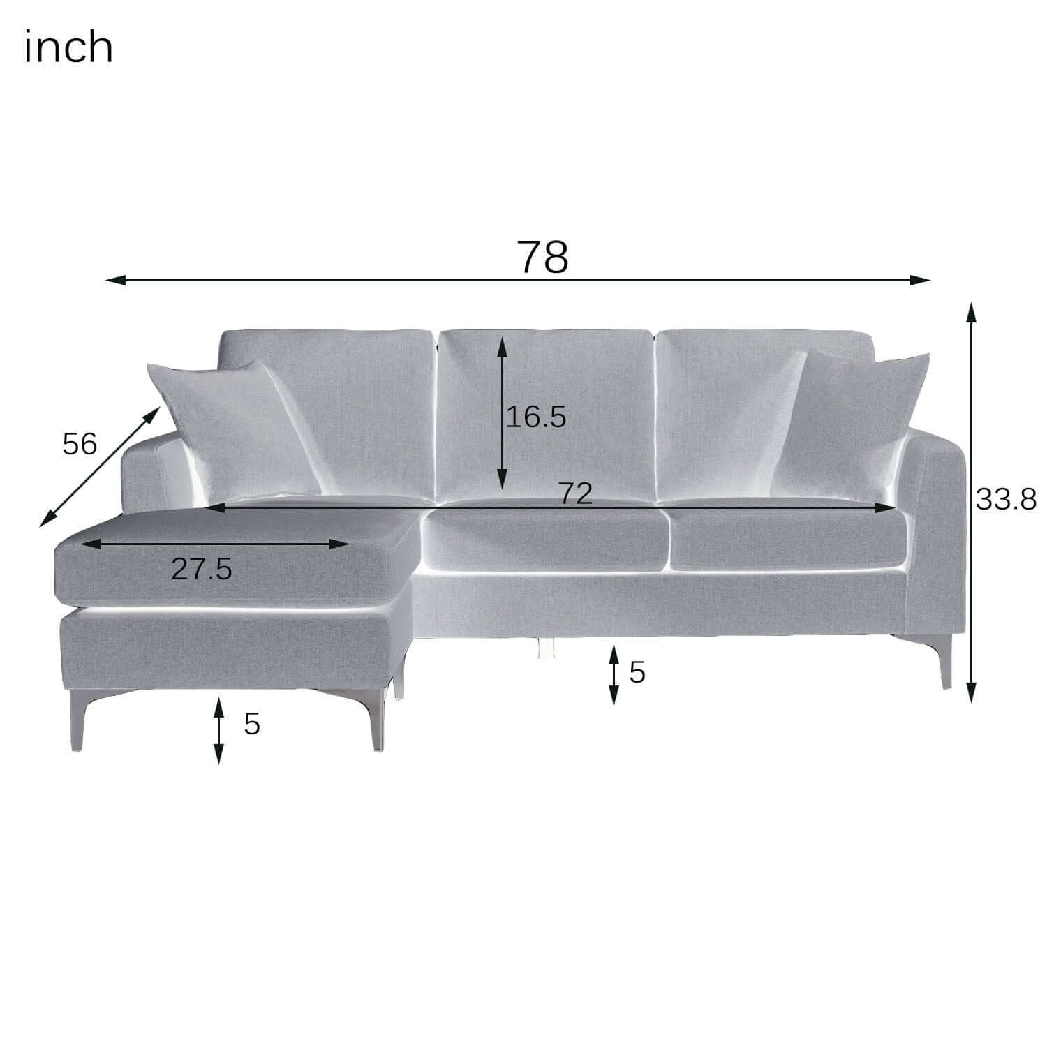 Modern Fabric Sofa & Reversible Chaise - Dark Gray 78" - Revel Sofa 