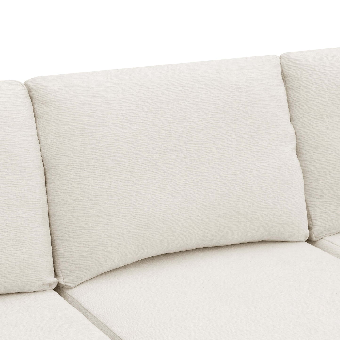 Close-up of modular U shape dual chaise chenille fabric sectional sofa backrest in cream color.