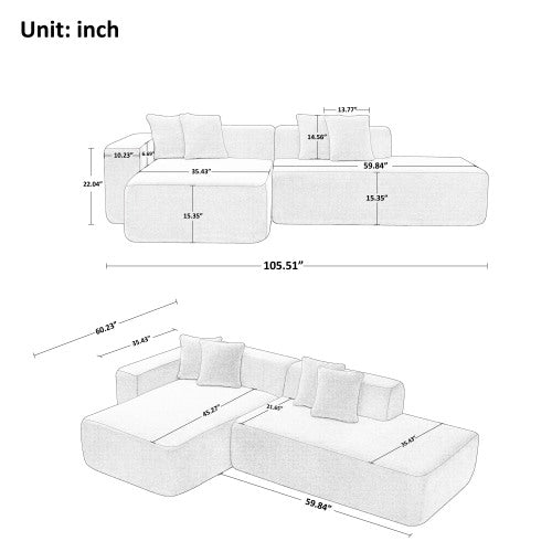 Contemporary Low Profile Sectional Chaise Foam Sofa 105" (3 Colors)