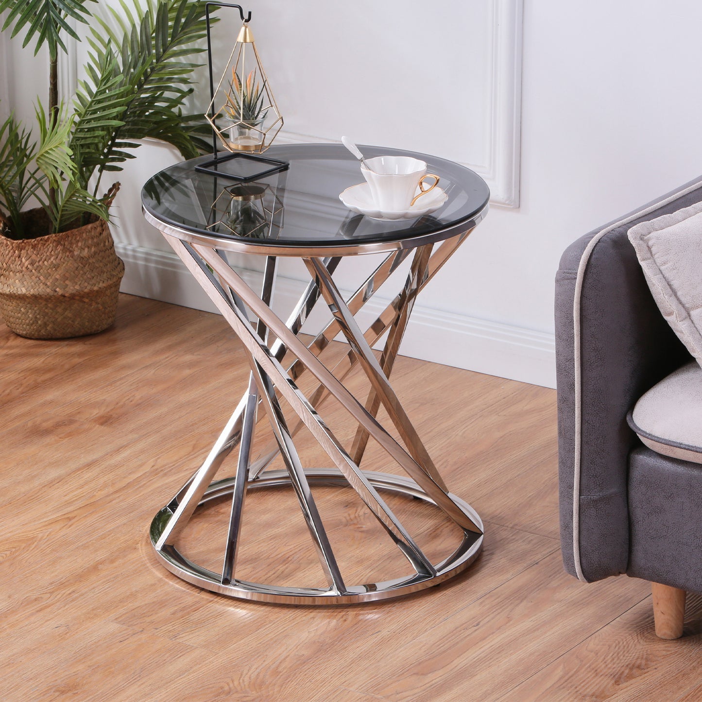 Round Glass-Top Side Table with Dark Tint Tempered Glass & Silver or Gold Stainless Steel Circular Spiral Frame - Revel Sofa 