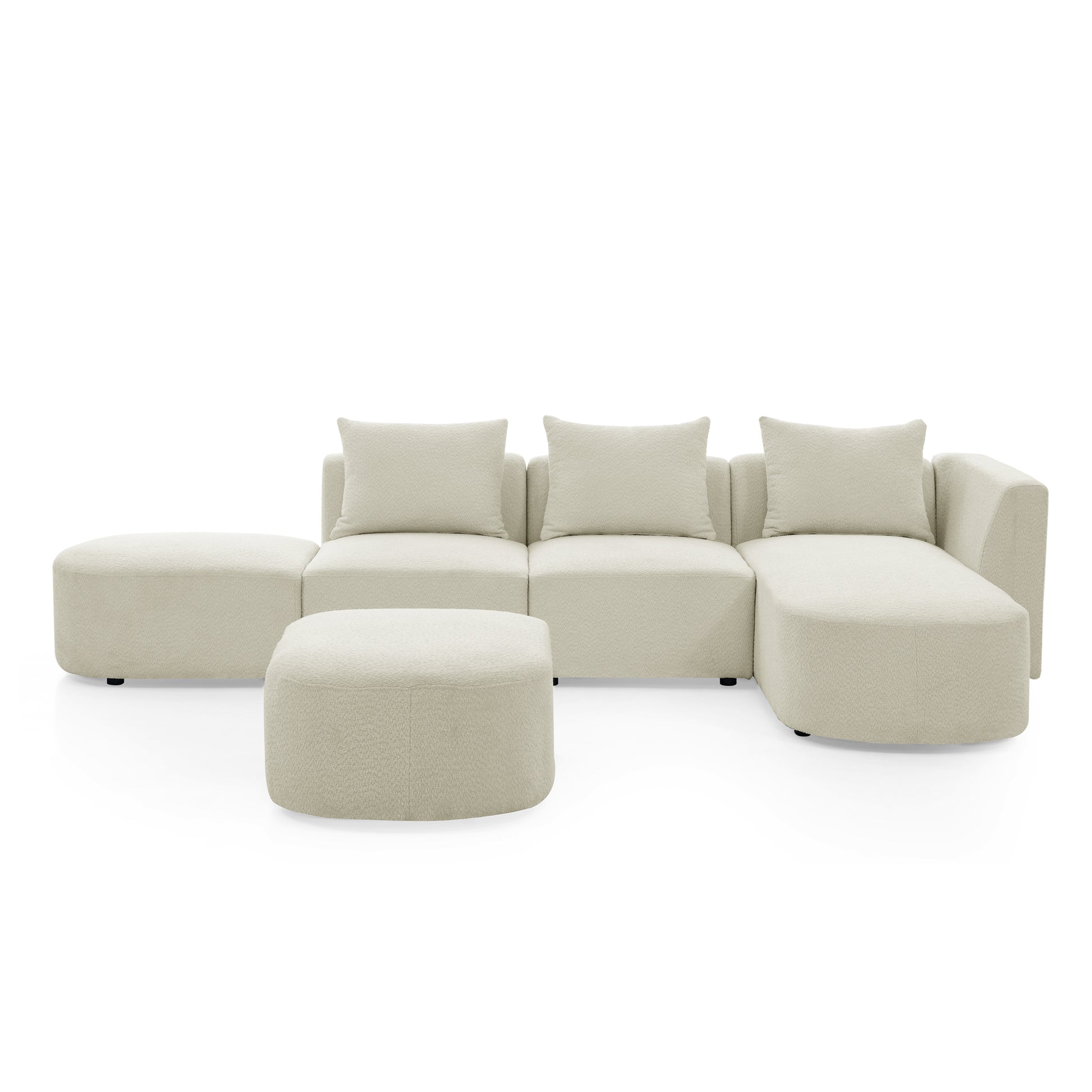 Modular Sectional Sofa with Chaise and Ottomans - Loop Yarn Boucle Fabric in Beige 113" - Revel Sofa 