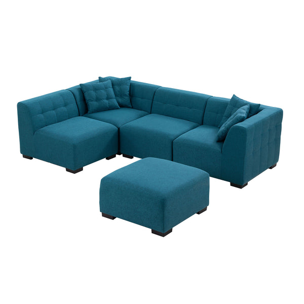 Modular Tufted 5pc. Sectional Sofa with Ottoman Fully Customizable, Green or Blue 140 - Revel Sofa 