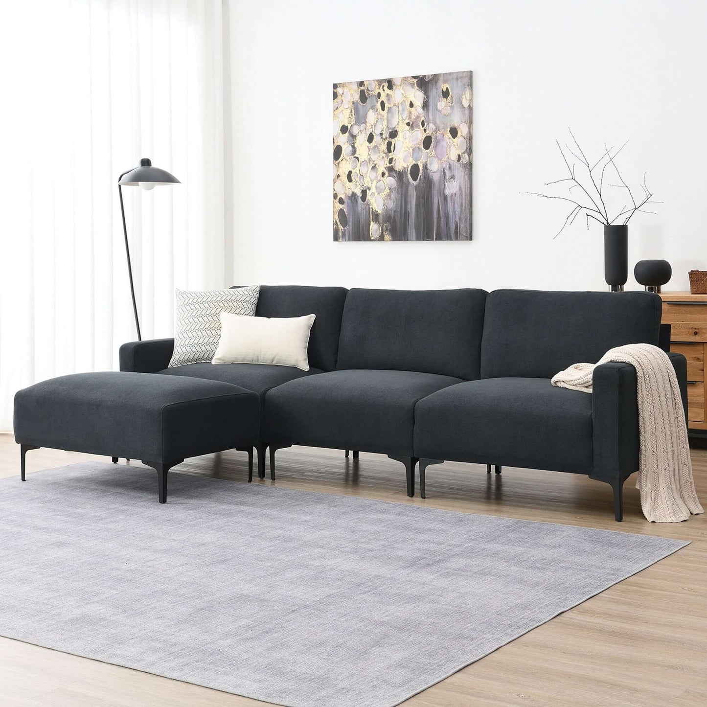 MCM Velvet Sectional Sofa with Ottoman in Gray or Black 104"