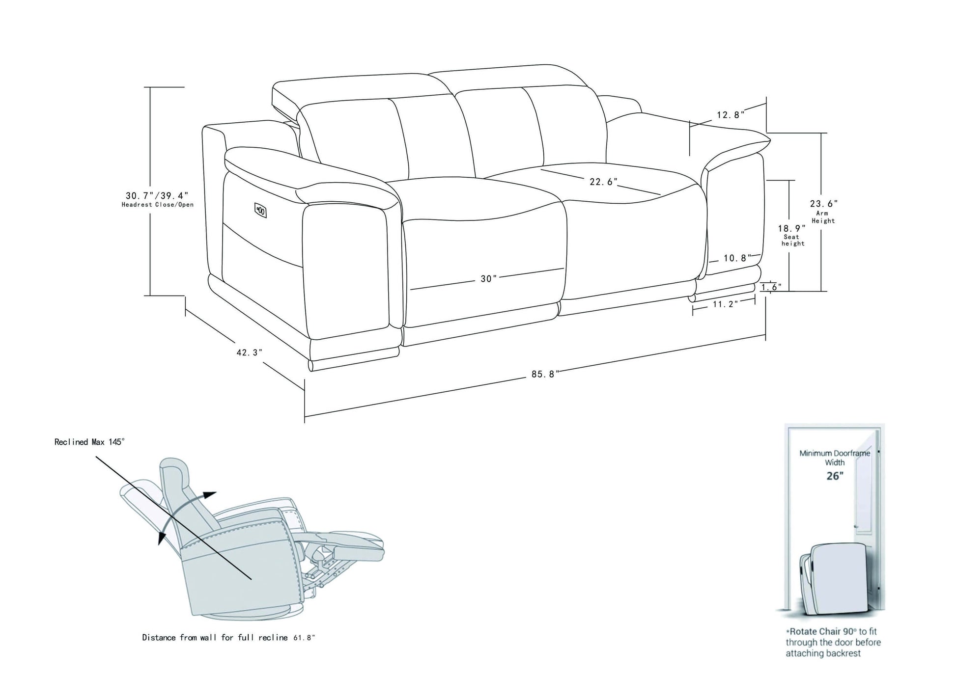 Genuine Leather Power Reclining Sofa, White 87” - Revel Sofa 