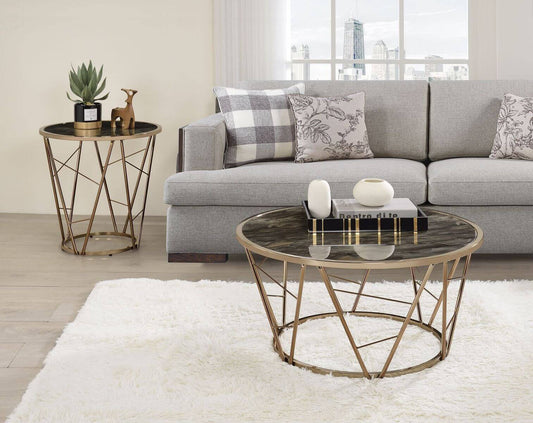 Cicatrix Coffee Table, Faux Black Marble Tempered Glass & Champagne Finish - Revel Sofa 