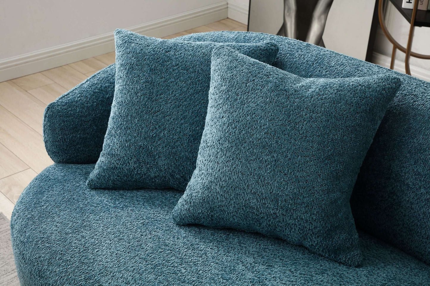 Modern curved boucle fabric sofa 86" in teal with plush cushions