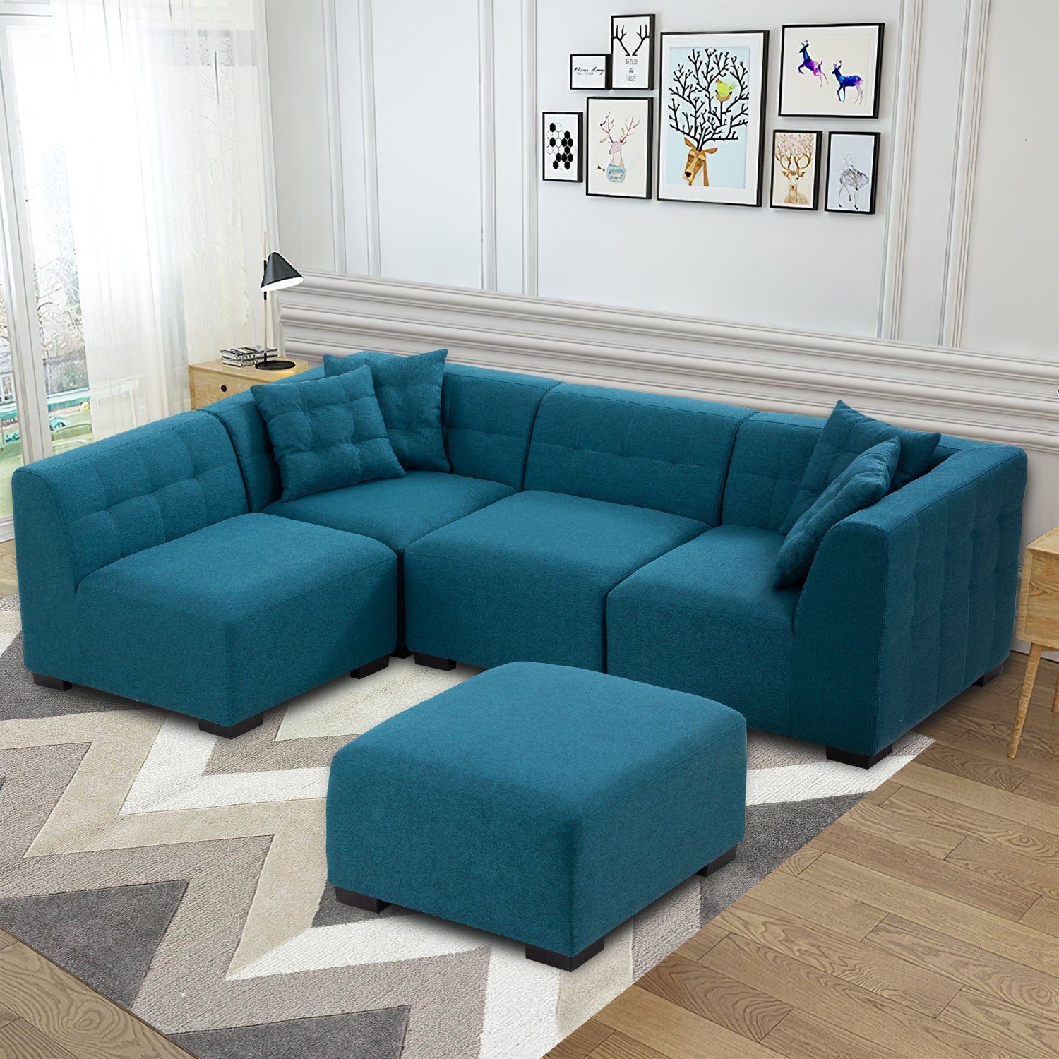 Modular Tufted 5pc. Sectional Sofa with Ottoman Fully Customizable, Green or Blue 140" - Revel Sofa 