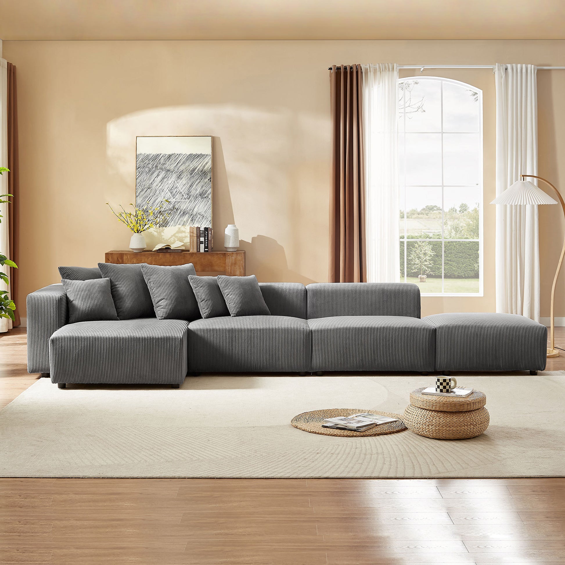 Soft Corduroy Sectional Modular Sofa 3 or 4 Piece Set, Gray or Beige - Revel Sofa 