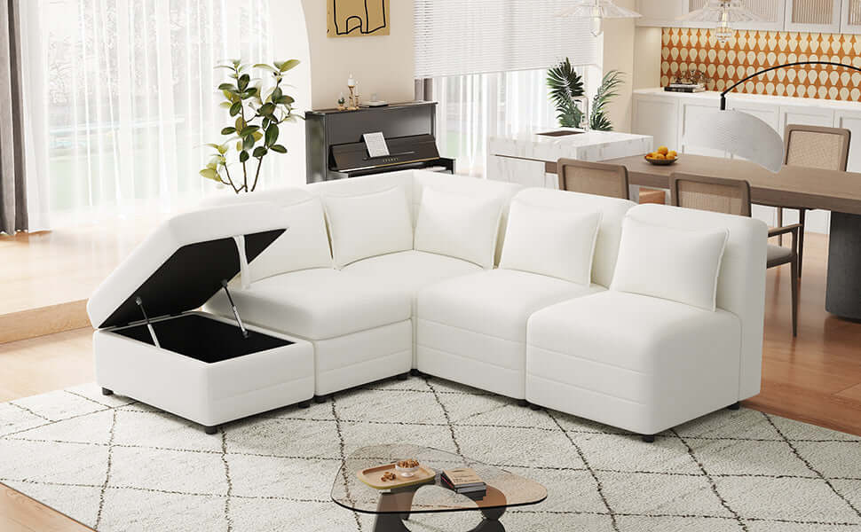 Modular 5pc Sectional Sofa with Storage Ottoman & 5 Throw Pillows - Revel Sofa 