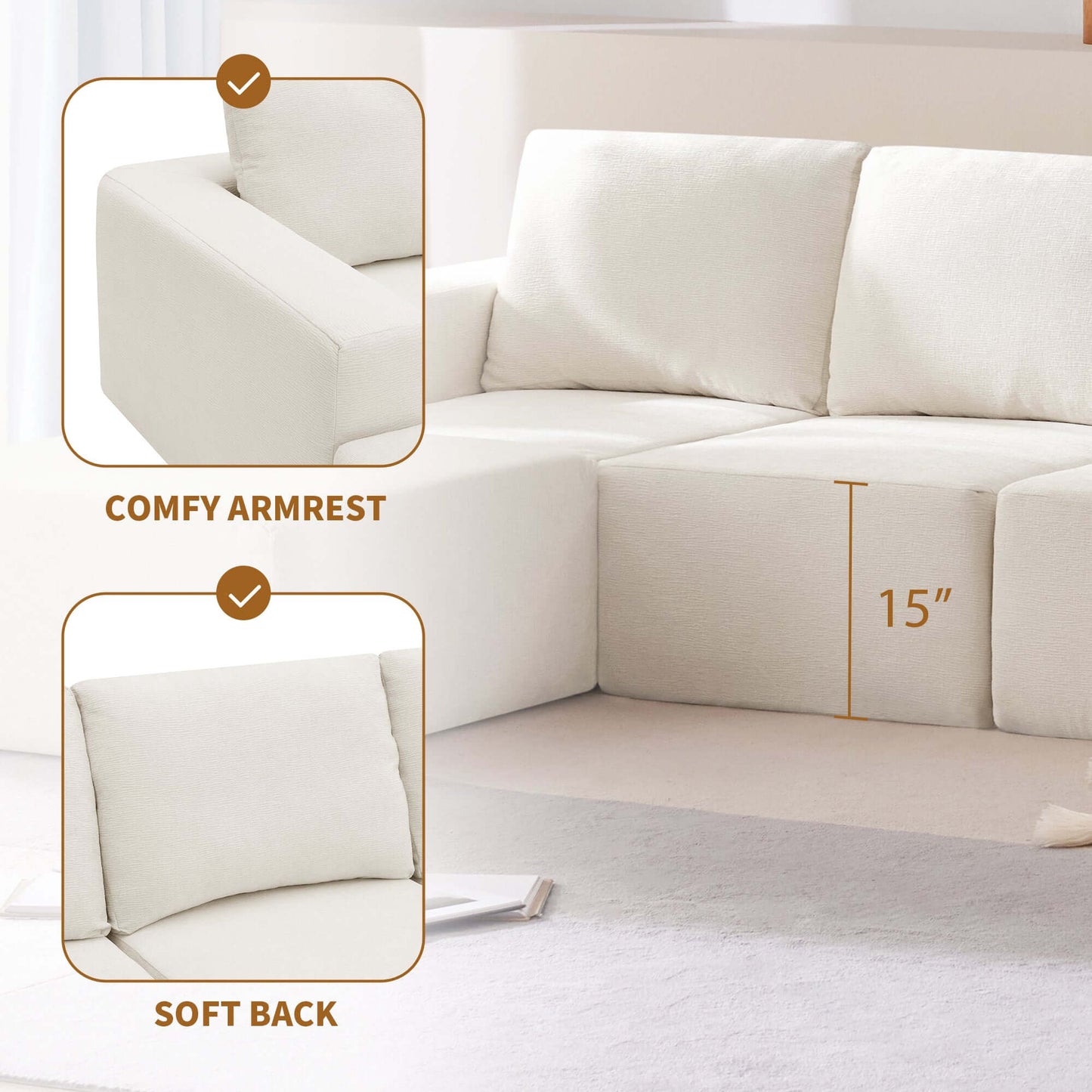 Modular U Shape Dual Chaise Chenille Fabric Sectional Sofa showcasing comfy armrest, soft back, and 15" seat height.