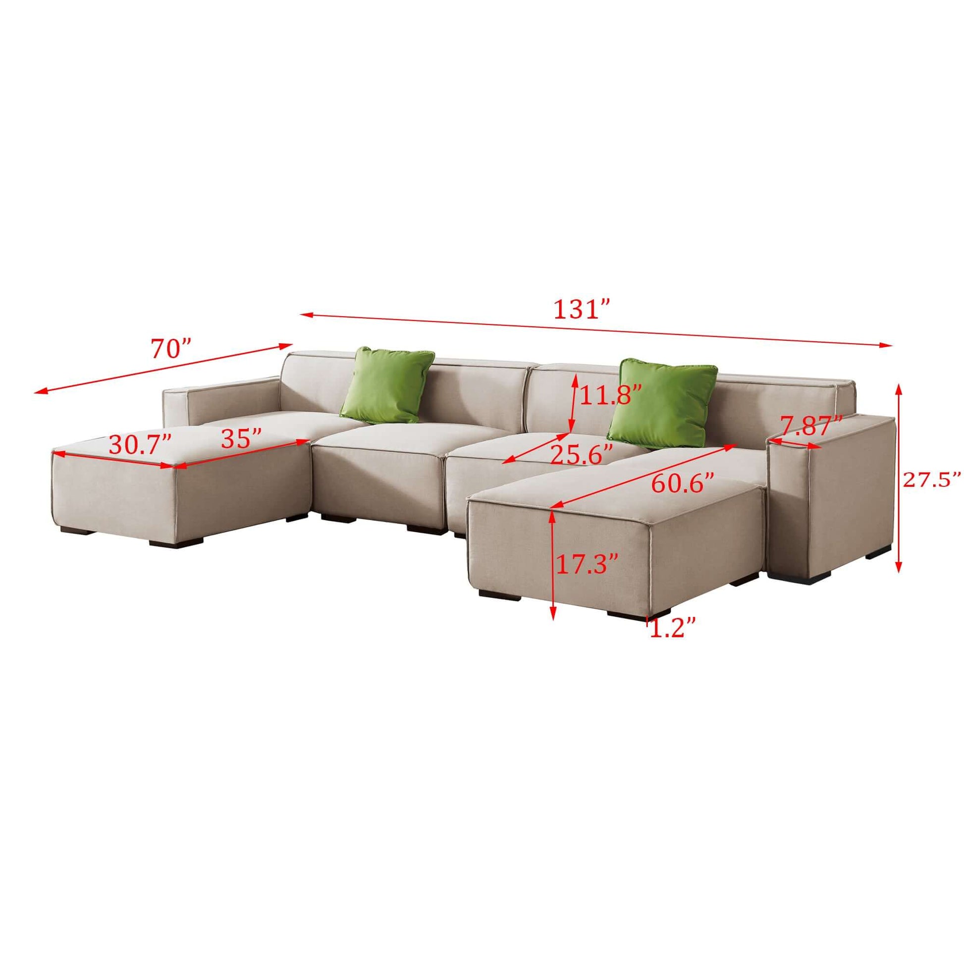 Modern Minimalist Modular U Shape Dual Chaise Sectional Fabric Sofa, Beige or Gray 131" - Revel Sofa 