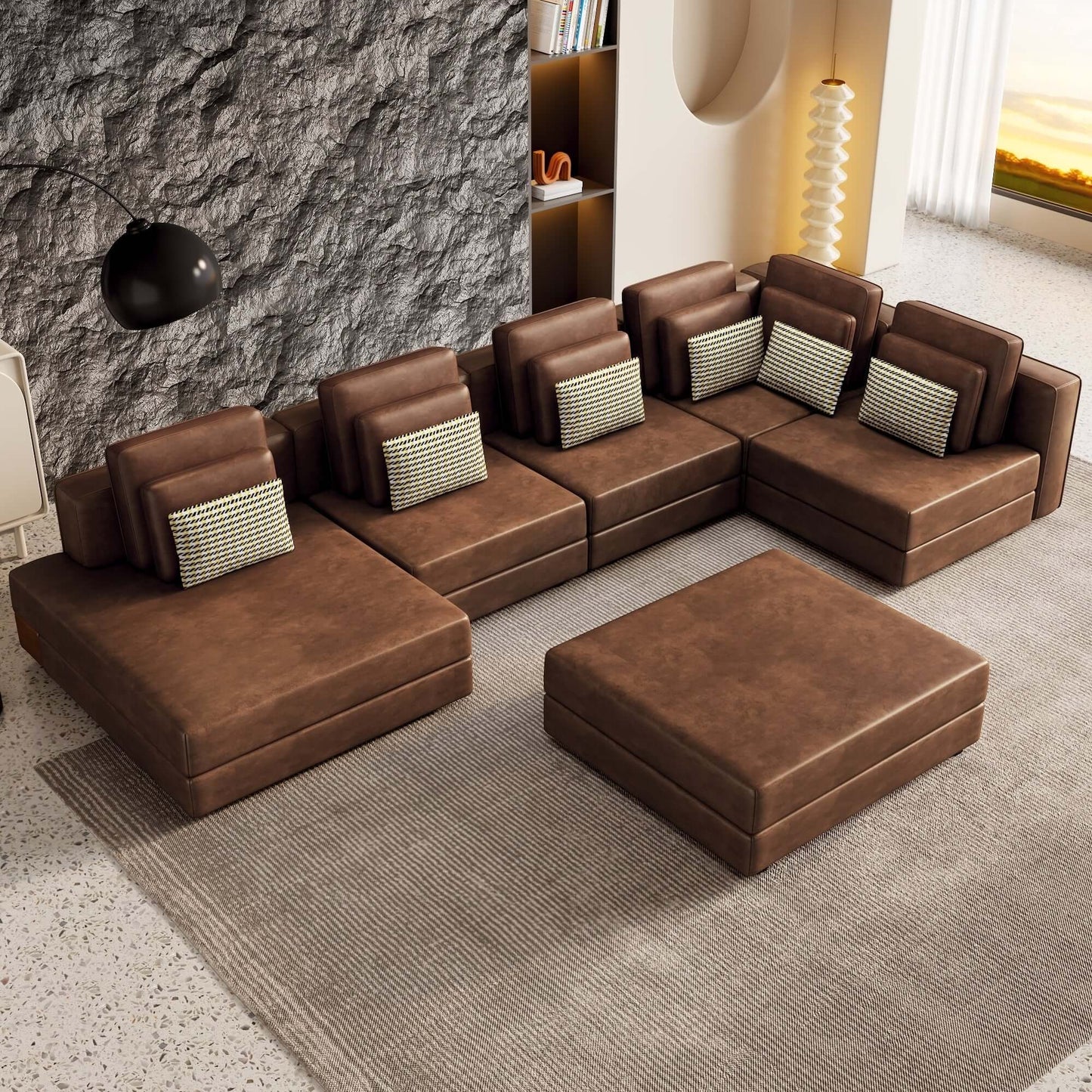 Modular Corner Sectional Sofa with Movable Ottoman in Brown or Black (113")