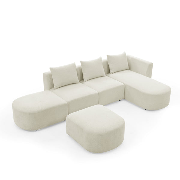 Modular Sectional Sofa with Chaise and Ottomans - Loop Yarn Boucle Fabric in Beige 113
