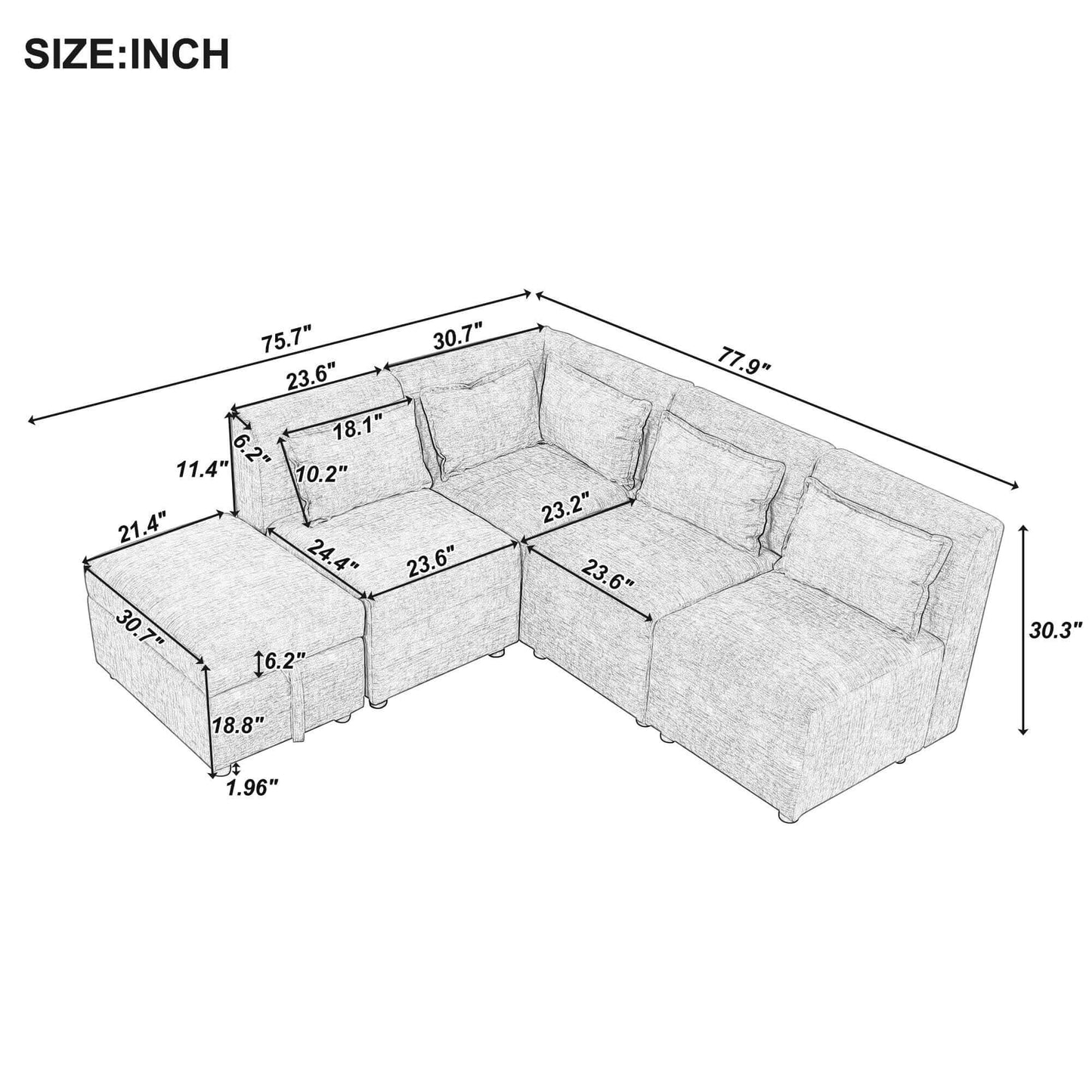 Modular 5pc Sectional Sofa with Storage Ottoman & 5 Throw Pillows - Revel Sofa 