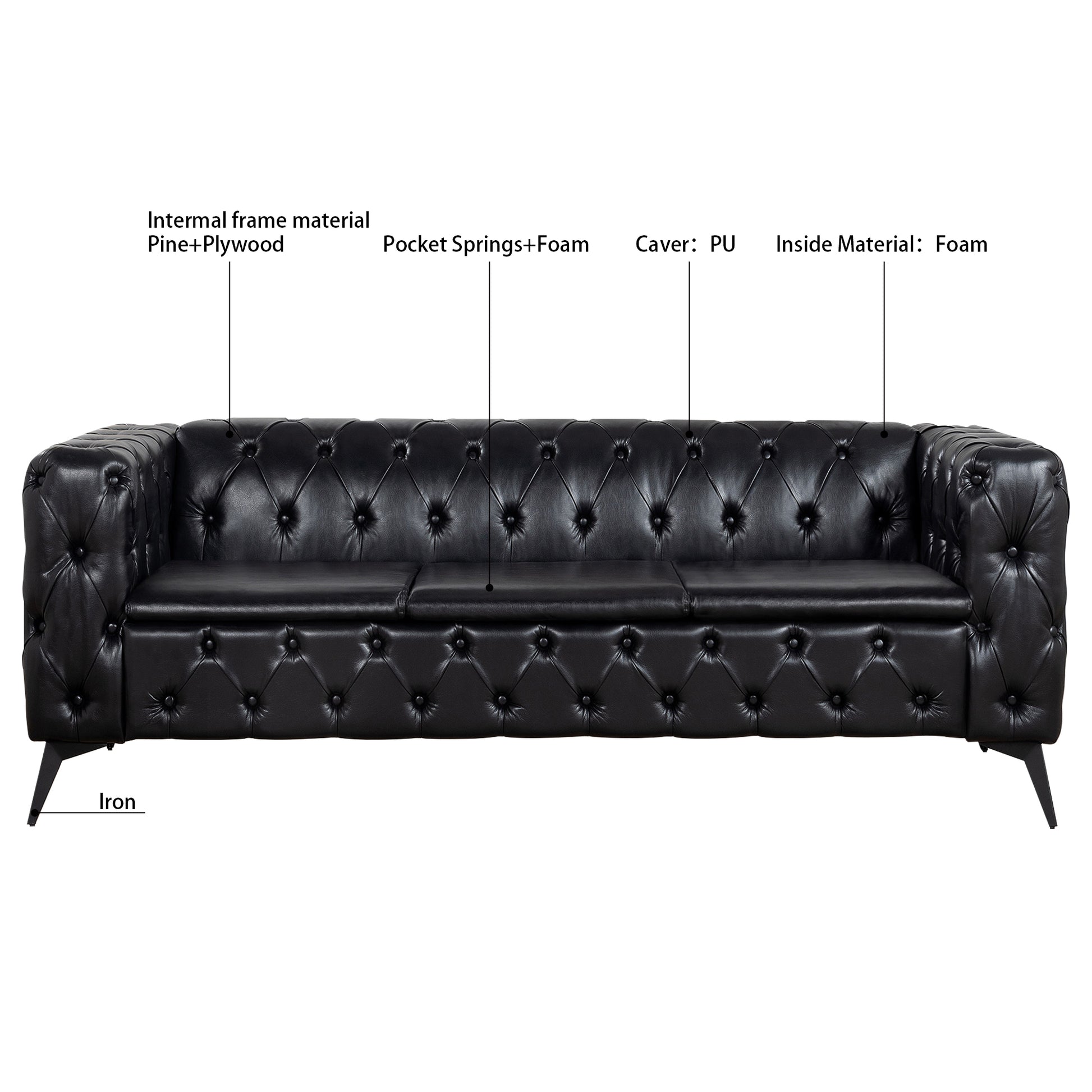 Styled Button-Tufted Square Arm Sofa, 3 Seater 84” - Revel Sofa 