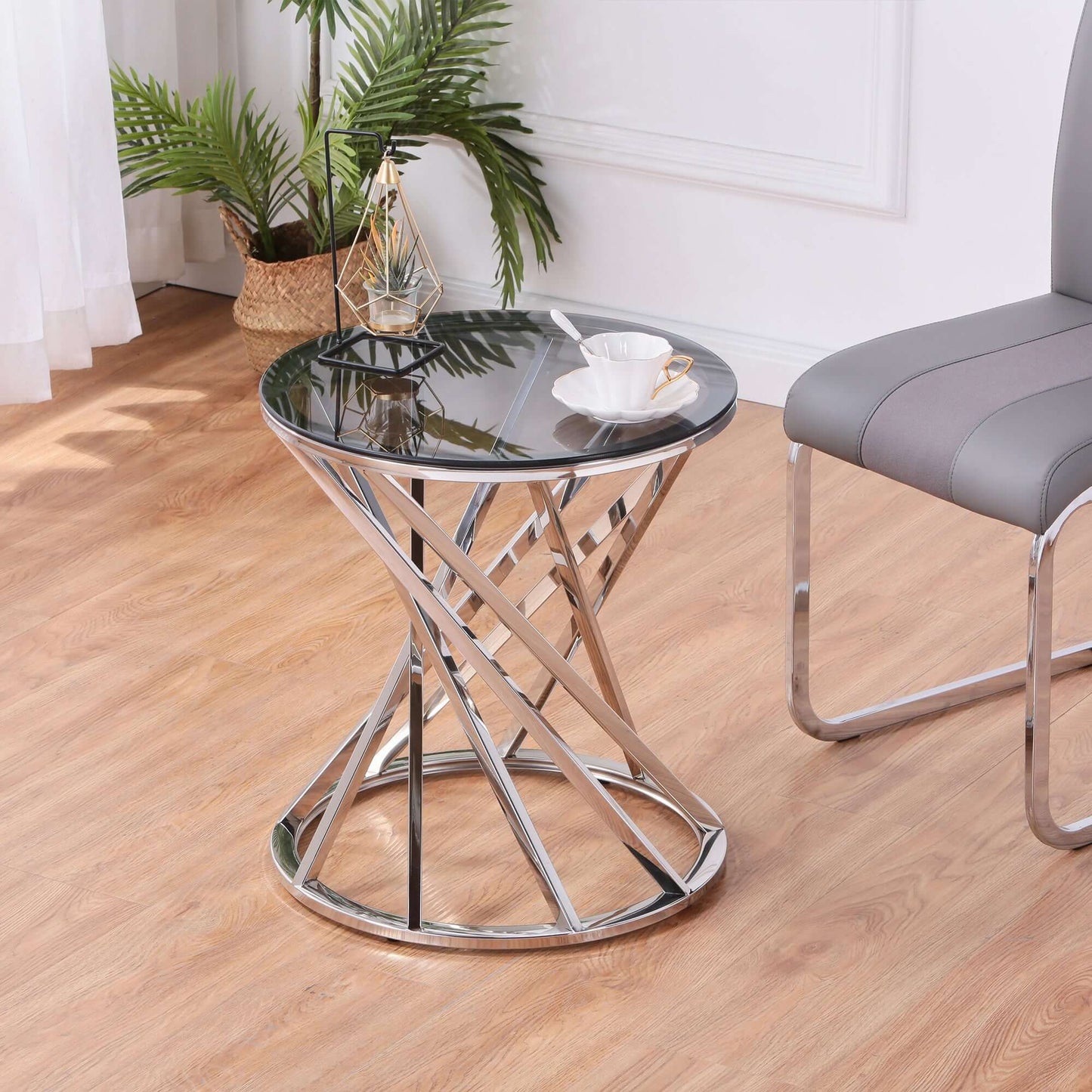 Round Glass-Top Side Table with Dark Tint Tempered Glass & Silver or Gold Stainless Steel Circular Spiral Frame - Revel Sofa 